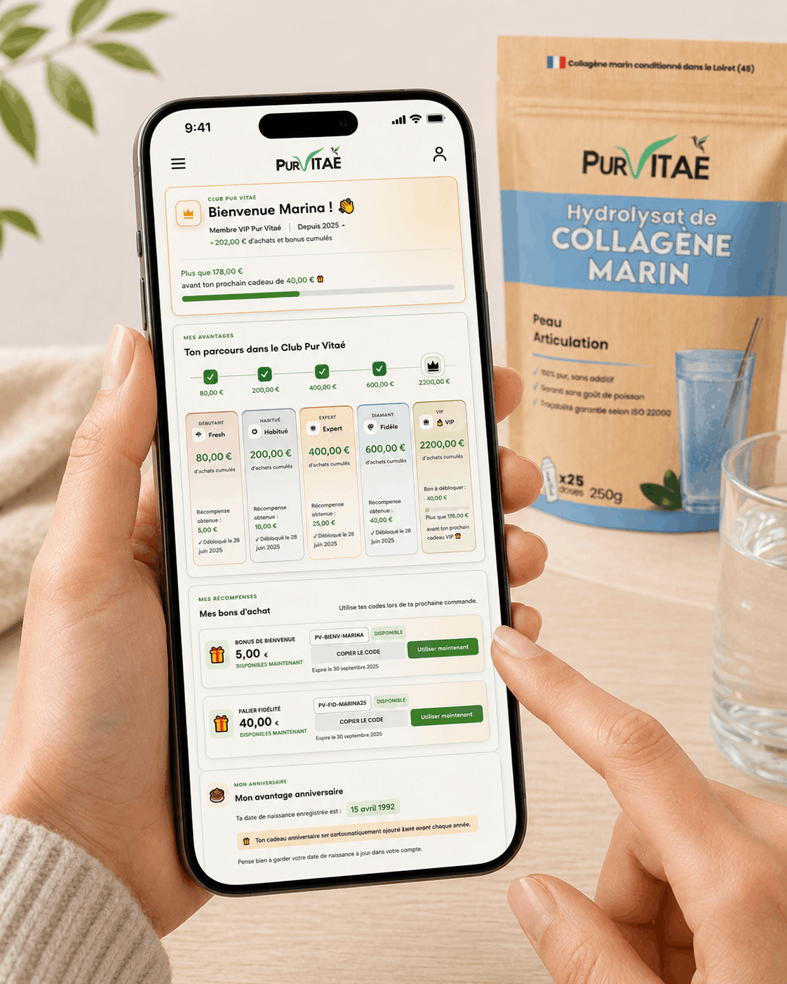 Consultation du programme de fidélité Pur Vitaé sur smartphone