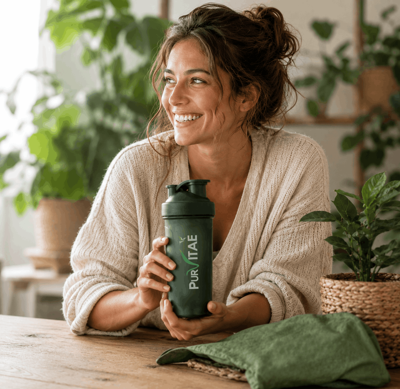 Cliente Pur Vitaé tenant son shaker dans un intérieur naturel